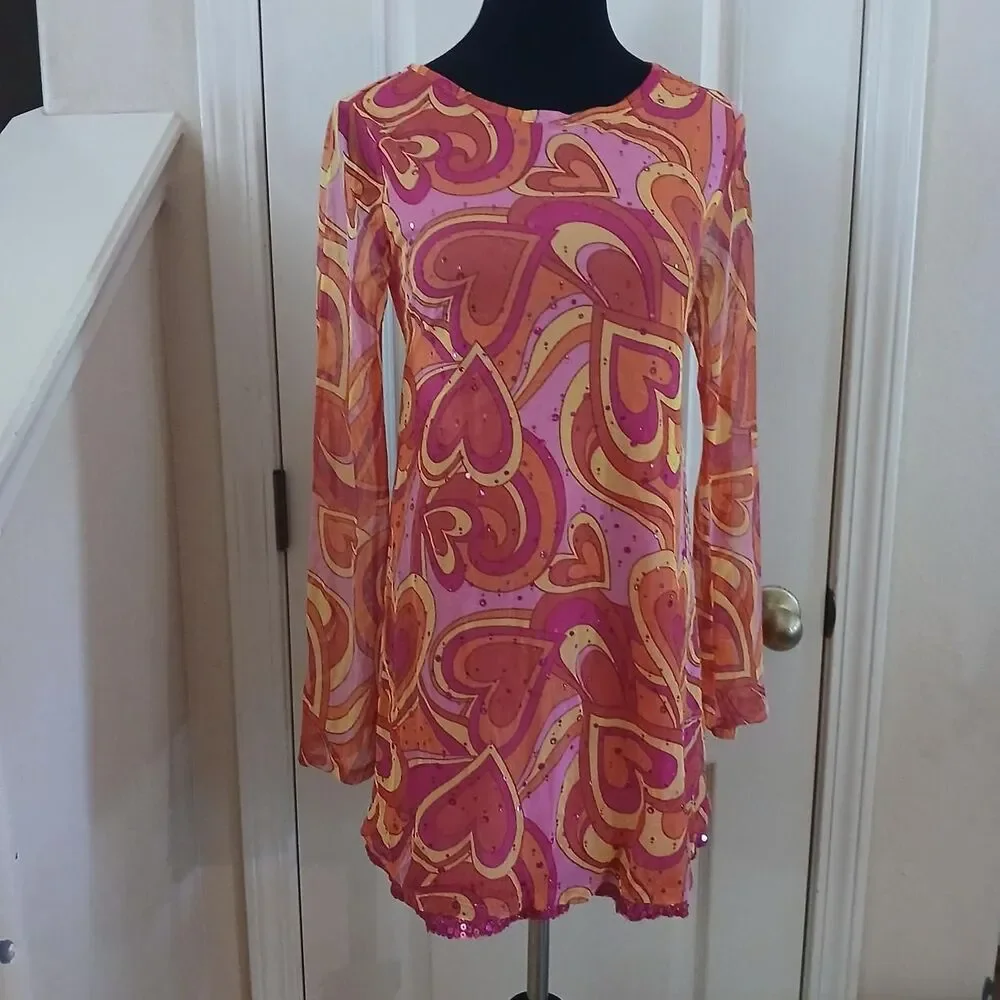 Justice Pink & Orange Psychedelic Heart Sequin Long Sleeve Mesh Mini Dress S